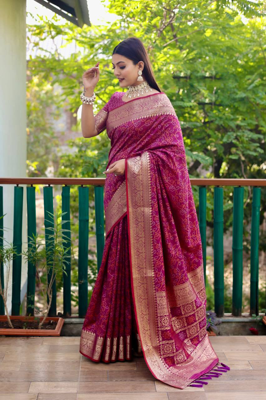 Bandhej Designed Zari Patola Weaving Wine Saree