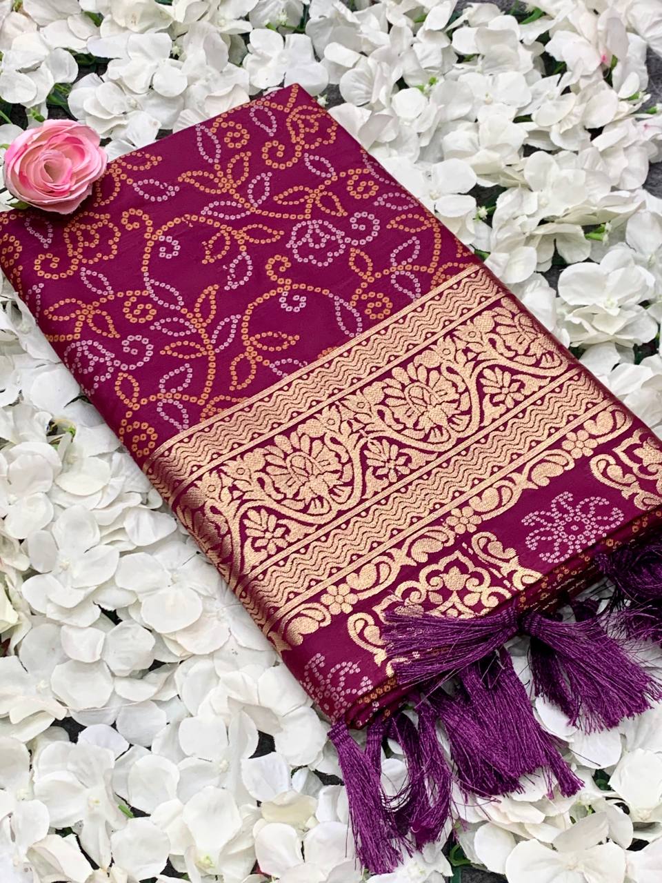 Bandhej Designed Zari Patola Weaving Wine Saree