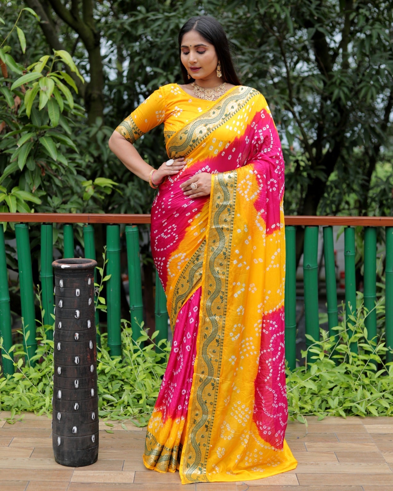 Bandhej With Zari Weaving Border Yellow And Pink Saree