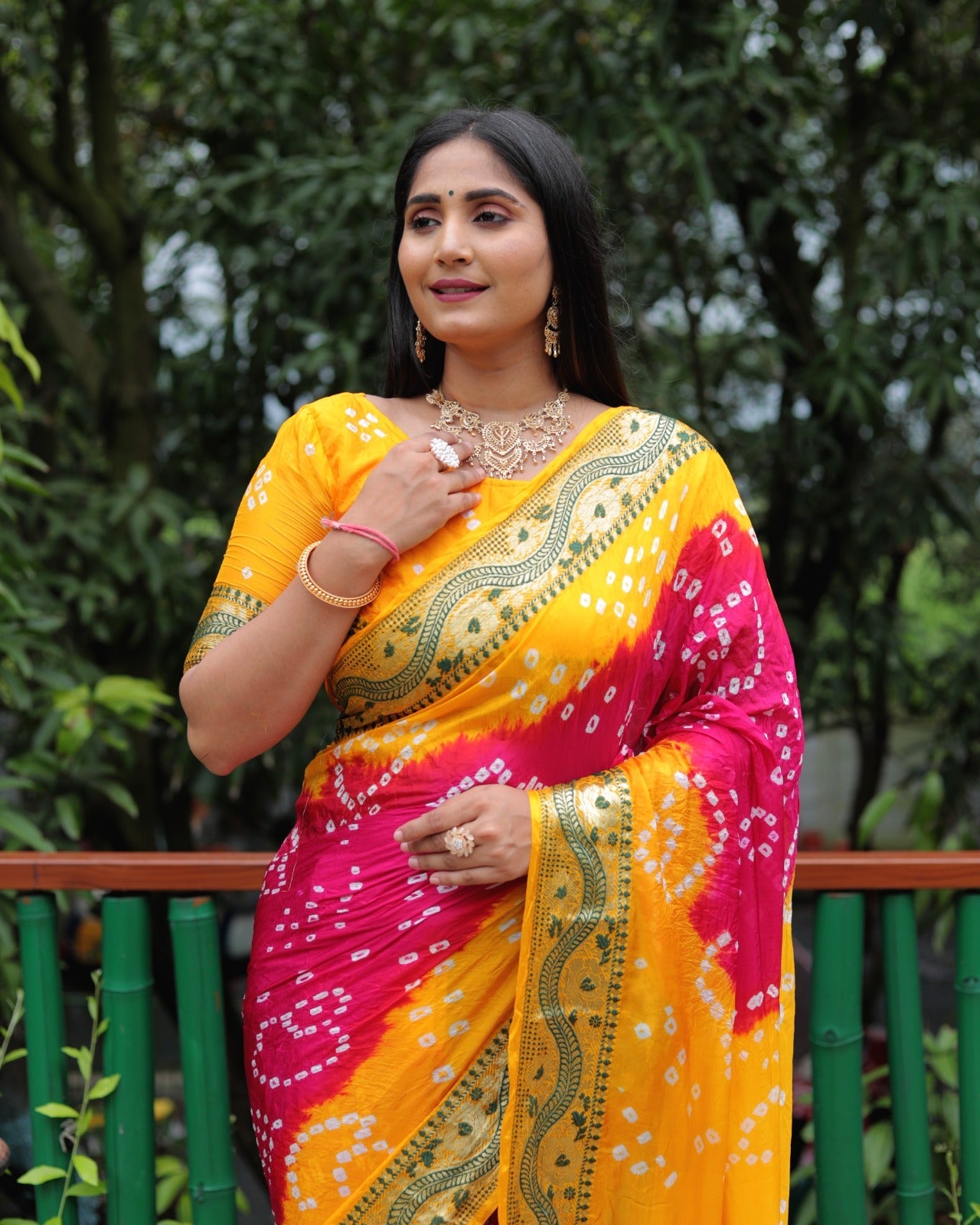 Bandhej With Zari Weaving Border Yellow And Pink Saree