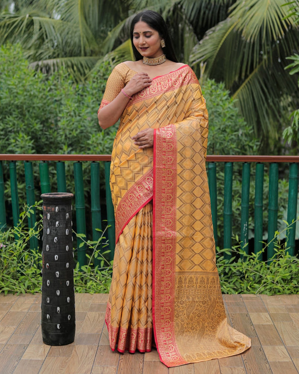 Yellow Color Banarasi Saree With Rich Border