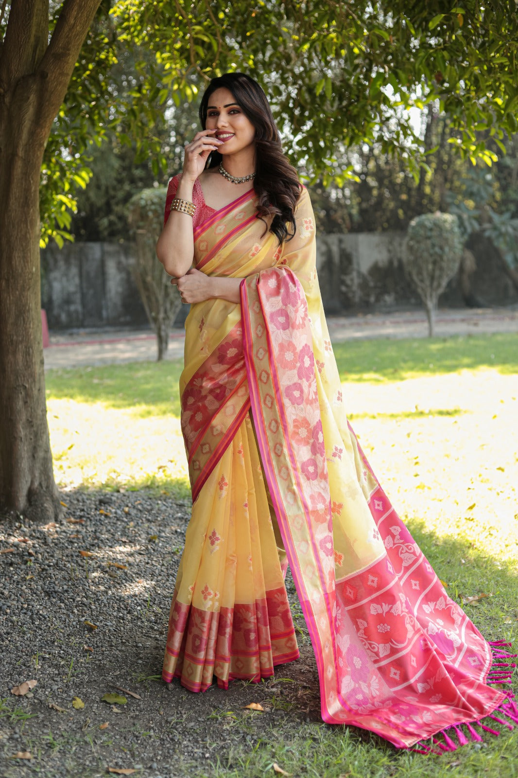 Festive Wear Yellow Color Designer Organza Saree